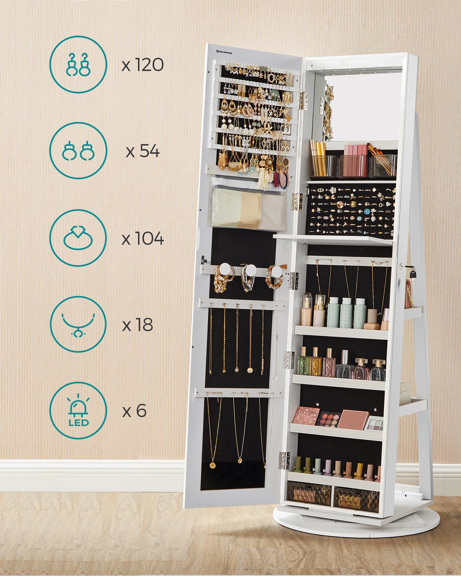 SONGMICS Schmuckschrank mit LED und Spiegel, 3 Ablagen, 360° drehbar, weiß