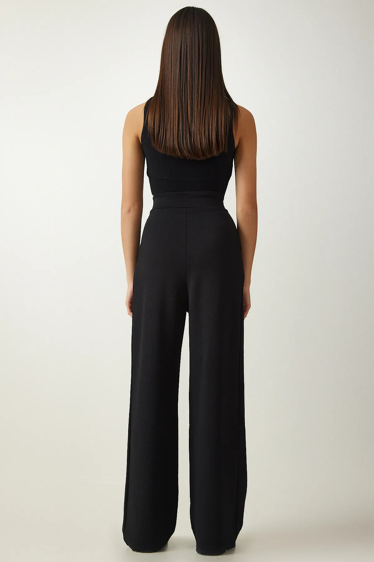 Happiness İstanbul  Bequeme Palazzo-Hose für Damen in Schwarz mit Klettverschluss am Bund Lİ00113