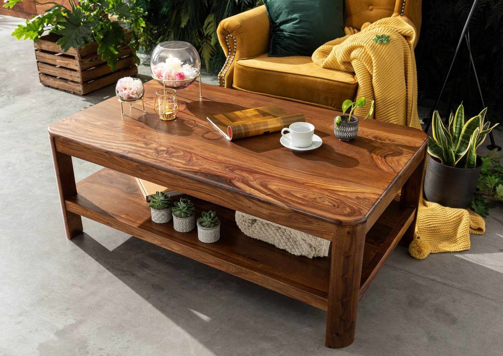 Massivmoebel24 Couchtisch TORONTO (120x70x45 Sheesham / Akazie montiert, Couchtisch mit abgerundeten Kanten im modernen Stil)
