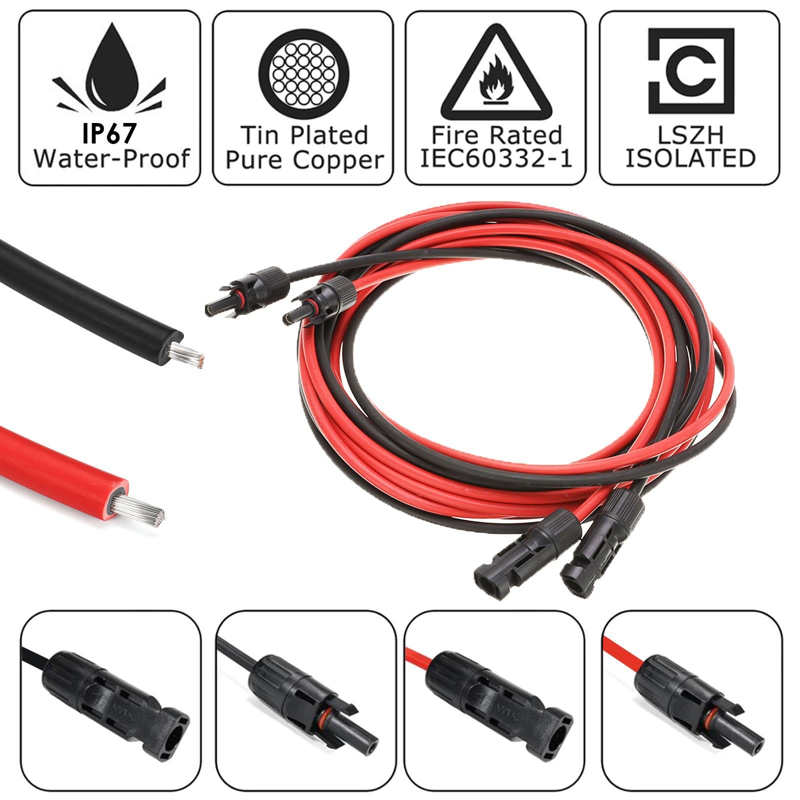 GLIESE Solaranlage 4mm2 rot + schwarz Solarkabel 1m-15m mit Stecker