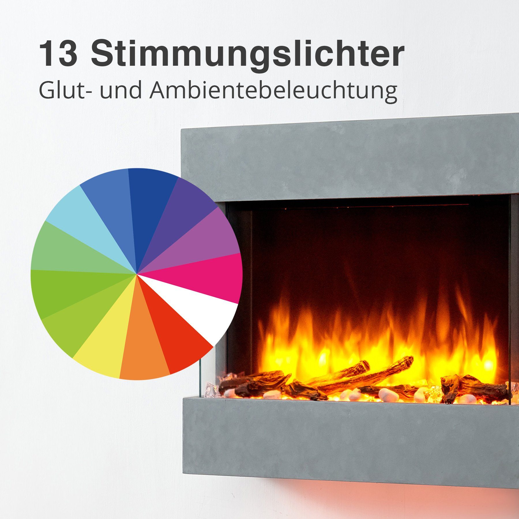 RICHEN Elektrokamin Alva, Wandkamin mit Heizung 2000W, 3D-Flammeneffekt, LED-Beleuchtung, Fernbedienung, Timer, Thermostat