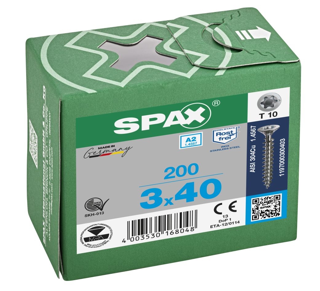 SPAX 1197000300403 Nerezový šroub 3 x 40 mm, plný závit, zapuštěná hlava, T-STAR T10 - 200 kusů