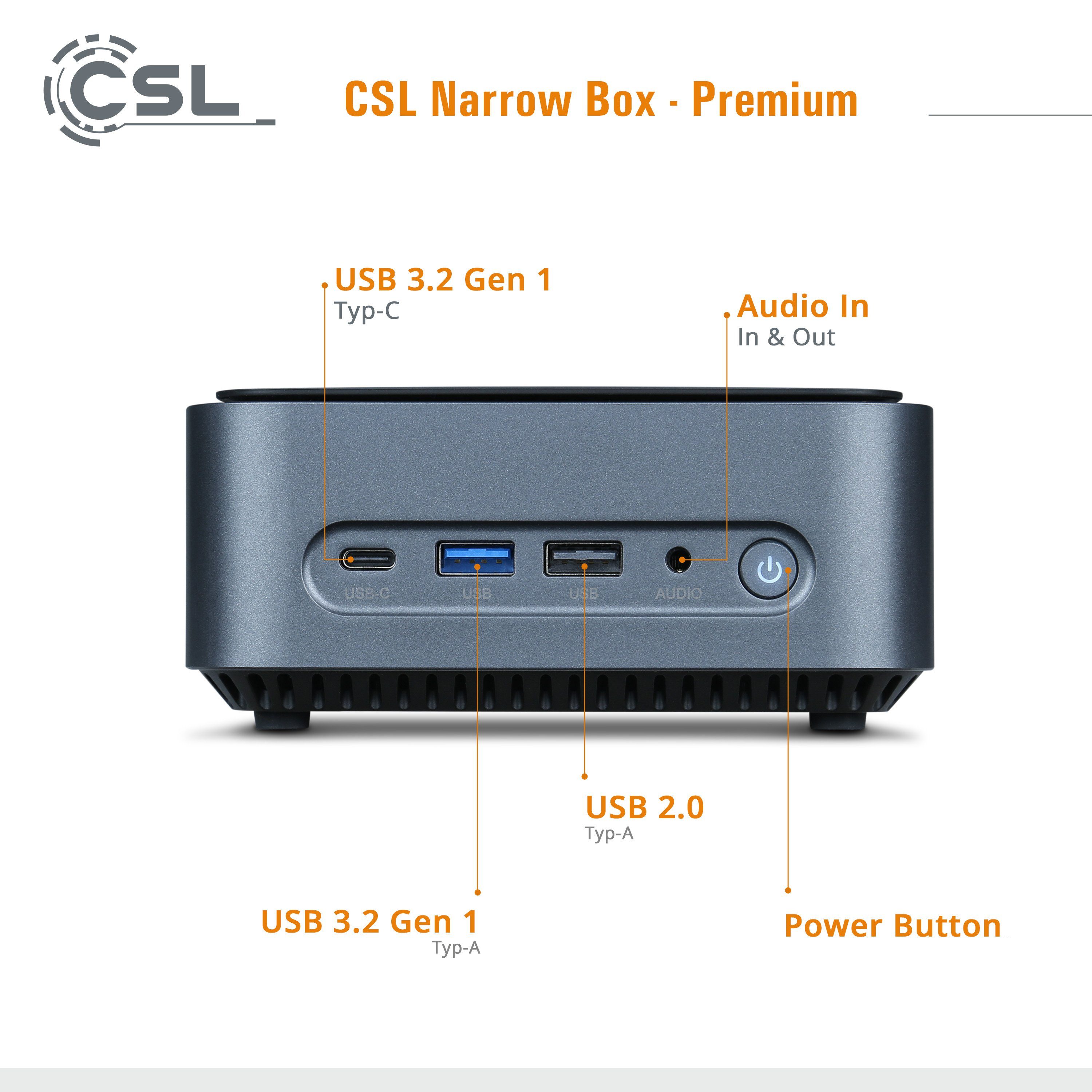 CSL Narrow Box Premium / 32GB / 500 GB M.2 SSD / Win 11 Pro PC (Intel® N6000, Intel® UHD Graphics, 8 GB RAM, 500 GB SSD, passiver CPU-Kühler)