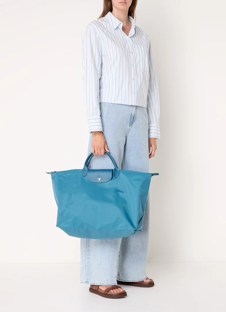 Longchamp Le Pliage zaļa ceļojumu soma S ar ādas detaļām