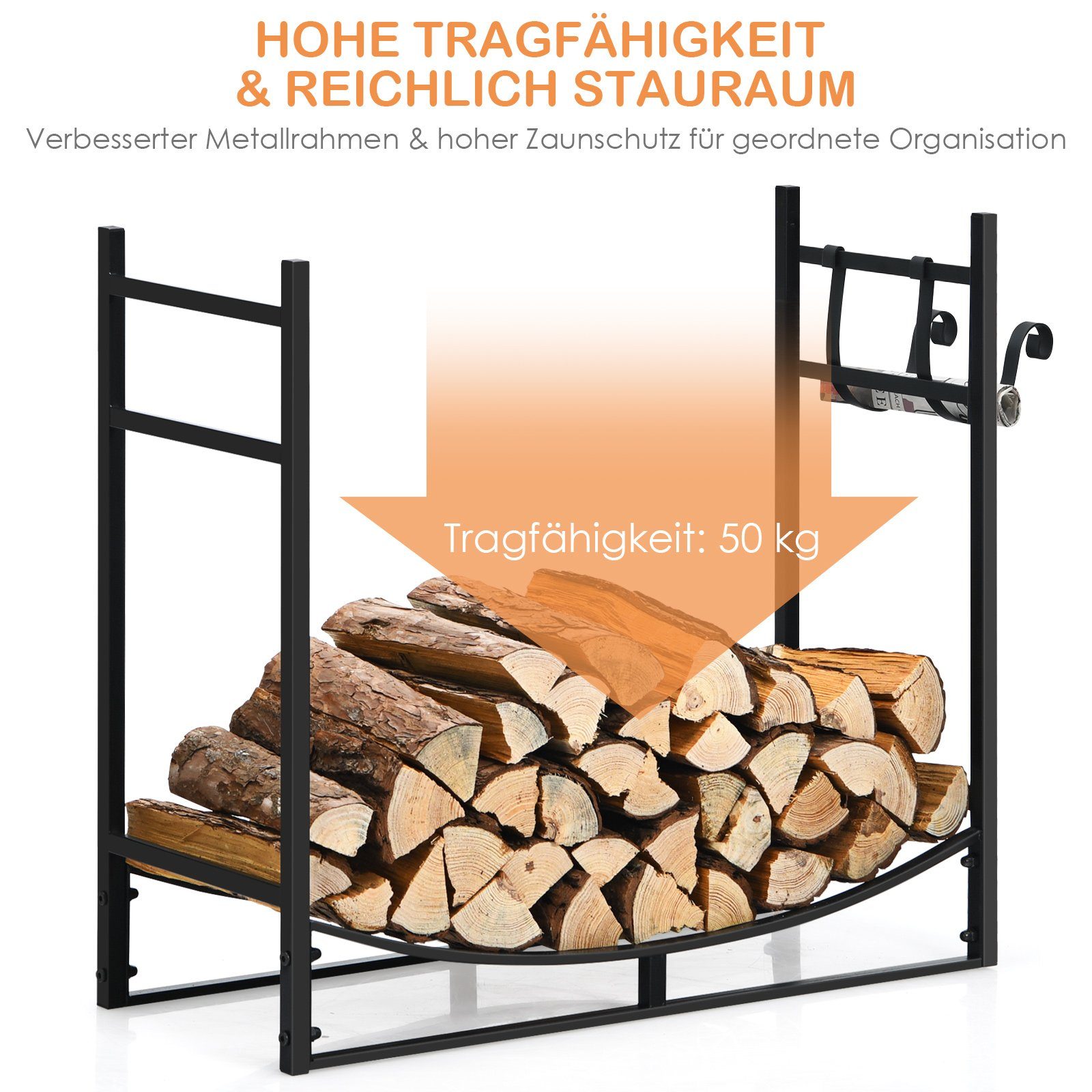 COSTWAY Kaminholzregal, BxTxH:33x84x76 cm, mit Halter, bis 50kg, aus Metall, 84x33x76cm