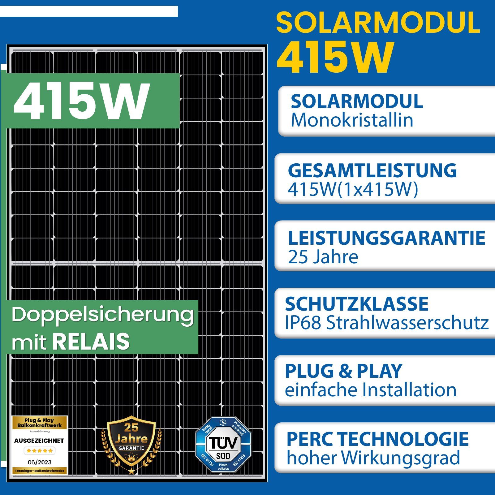 EPP.Solar Solaranlage 415W Black Frame Photovoltaik Balkonkraftwerk Balkon Mini-PV Anlage, Monokristallin, (Komplettset mit Hoymiles 300W Wechselrichter, Wasserdichtigkeitsklasse, genehmigungsfrei Solarpanel Solarmodul, PERC Technologie Steckerfertig