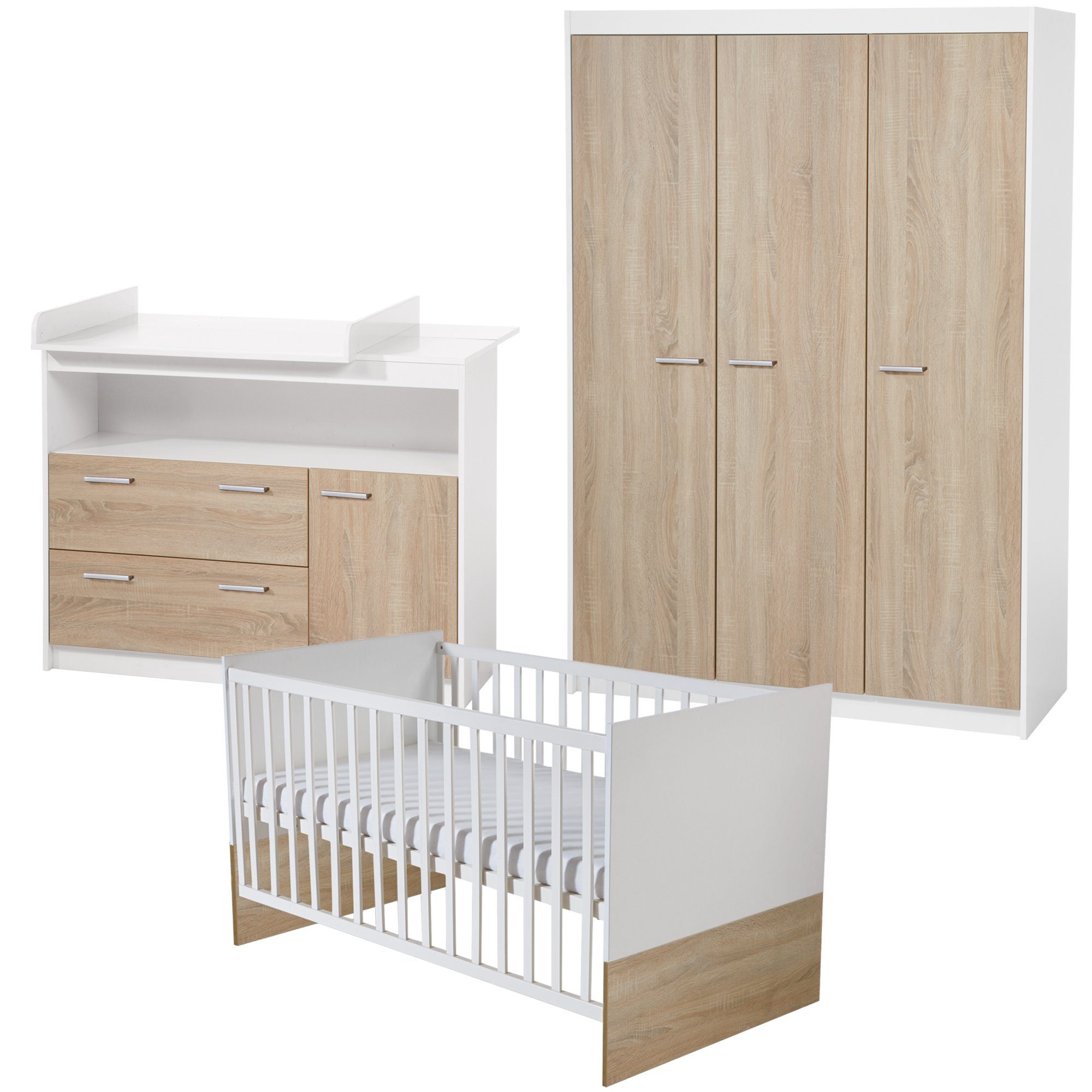 roba® Babyzimmer-Komplettset Gabriella, Gitterbett, breite Wickelkommode & Schrank 3-türig