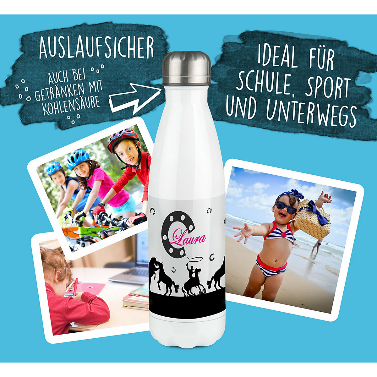 Edelstahl Kinder Thermoflasche / Trinkflasche bunt Pferd-Cowboy schwarz Spülmaschinenfest, Auslaufsicher, Bruchfest, Doppelwandig, Für Heißgetränke geeignet, Mit Deckel, Isoliert
