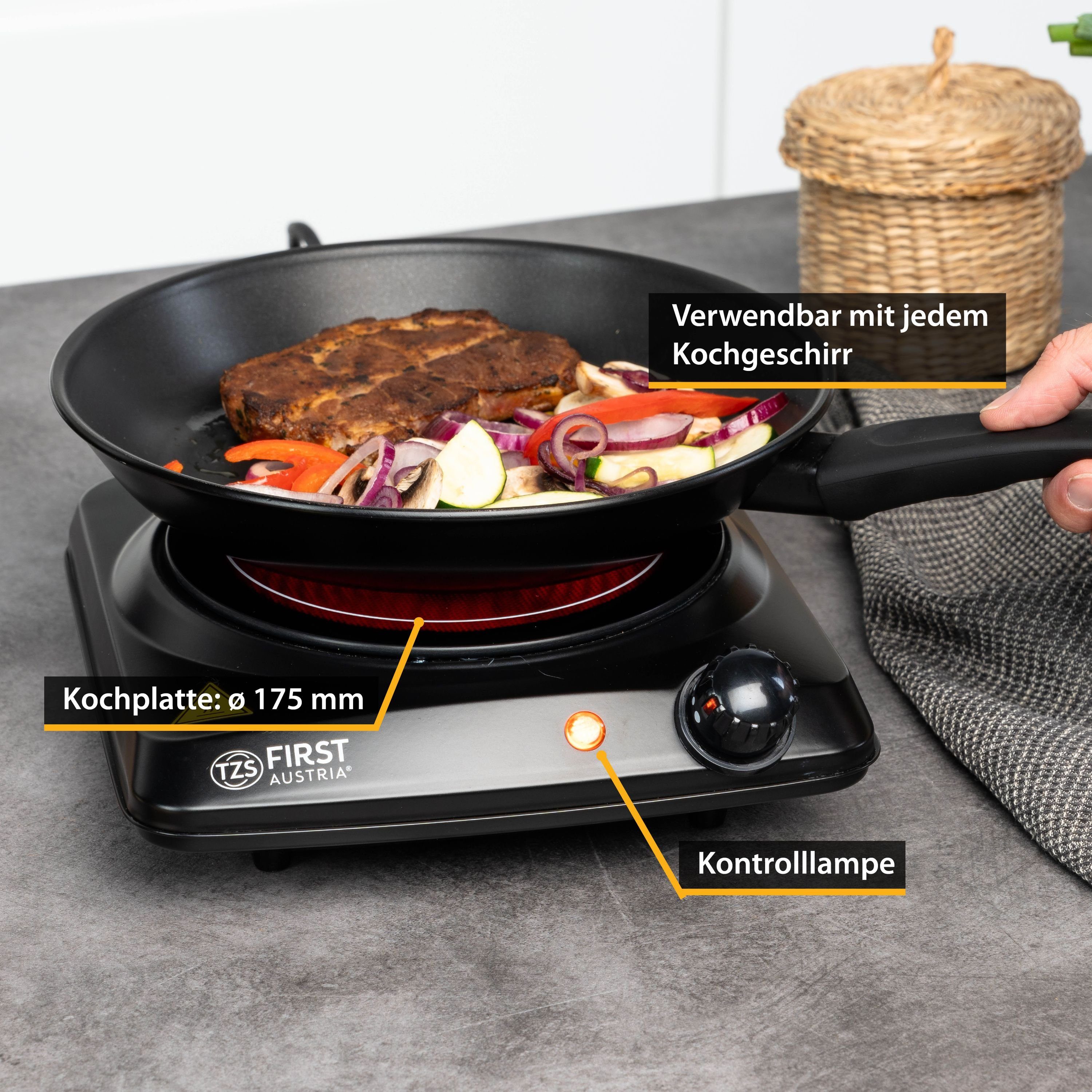 TZS FIRST AUSTRIA Doppelkochplatte Einzelkochplatte 1200W, Glaskeramik, Kochplatte, Herdplatte Camping, 1200W, stufenloser Temperaturregelung, mobile Kochplatte, 17,5 cm