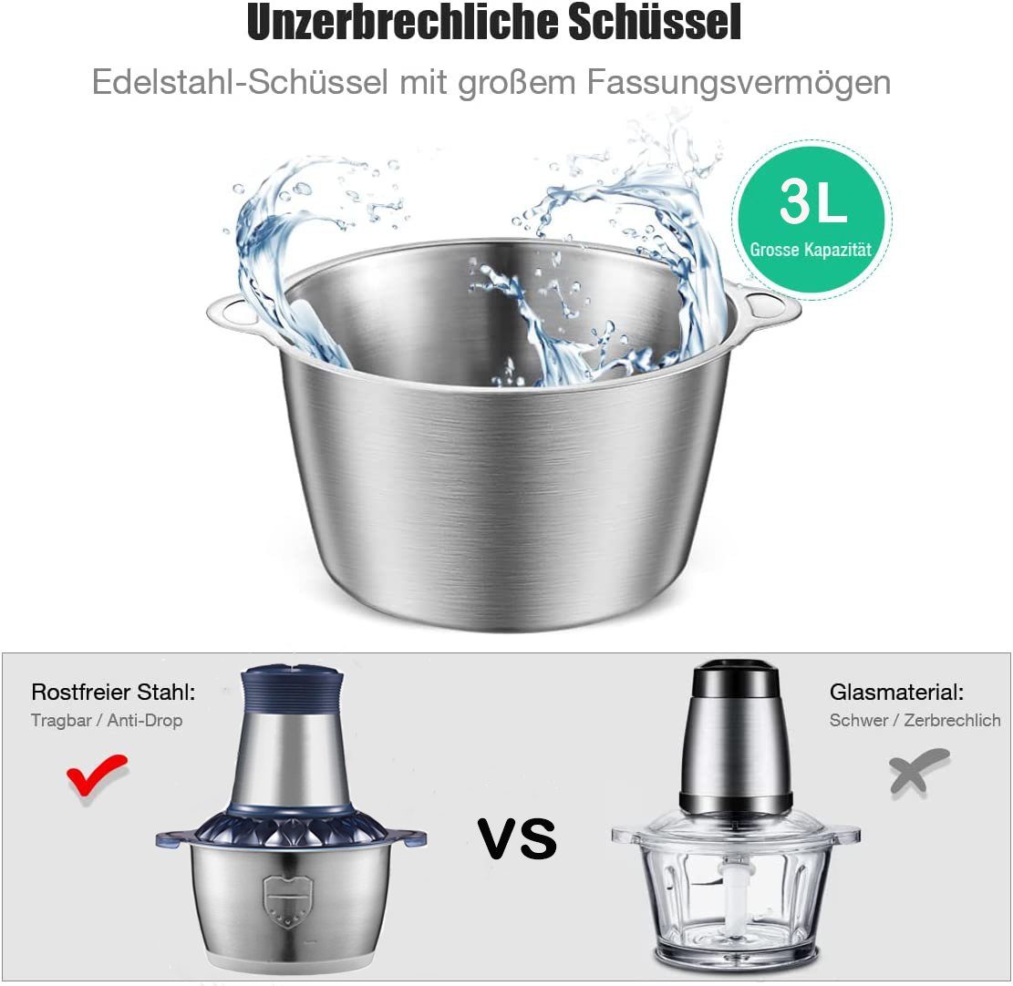 Mutoy Zerkleinerer Zerkleinerer Elektrisch,Fleischwolf,Zerkleinerer +3L Edelstahlschüssel, 2 Geschwindigkeitsstufen mit 4 Edelstahlmesser,für Fleisch,Obst,Gemüse