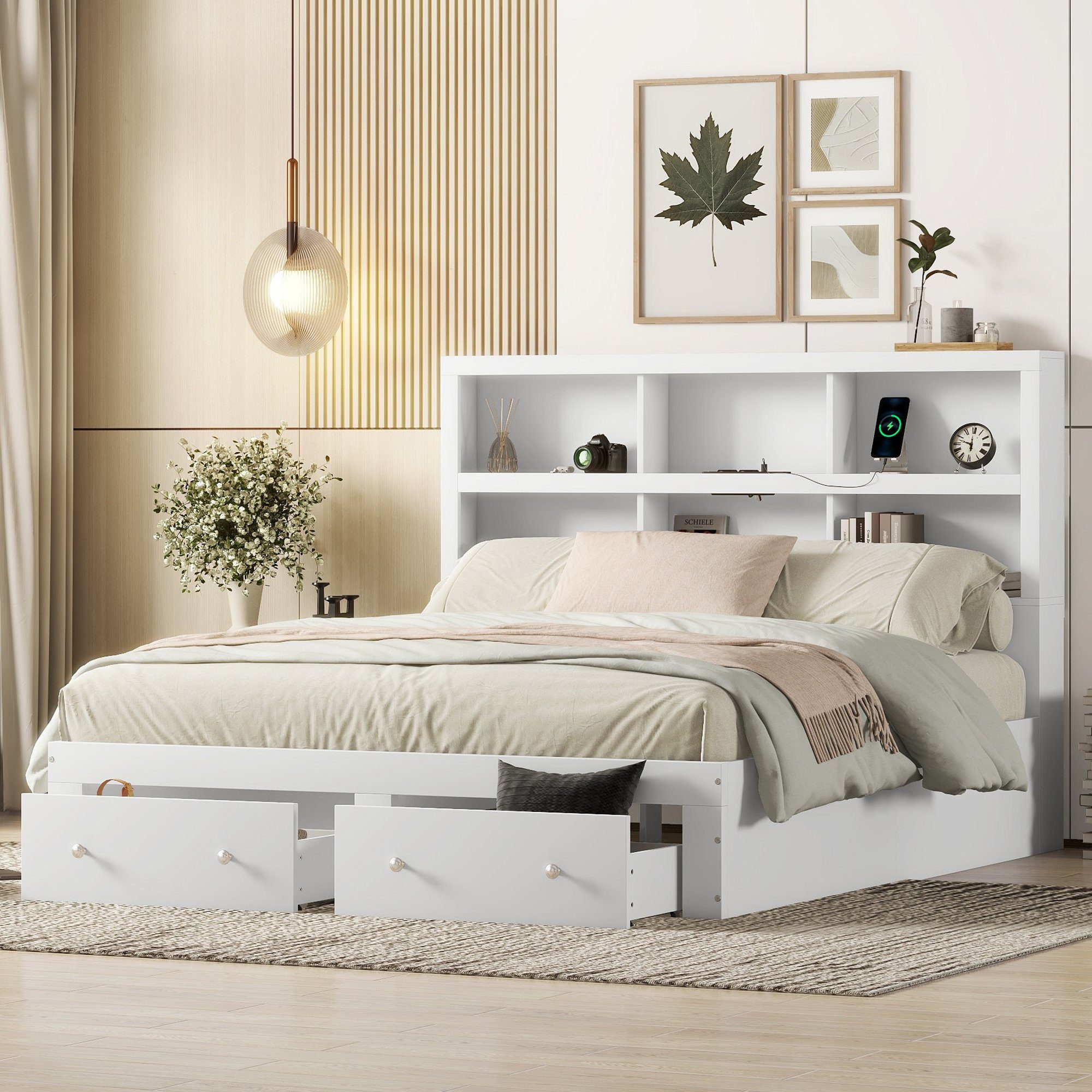 HAUSS SPLOE Holzbett Doppelbett Bettgestell Kinderbett Gästebett (Holzbett mit zwei Schubladen und Kopfteil mit Lagerregal), 160*200cm, Weiß