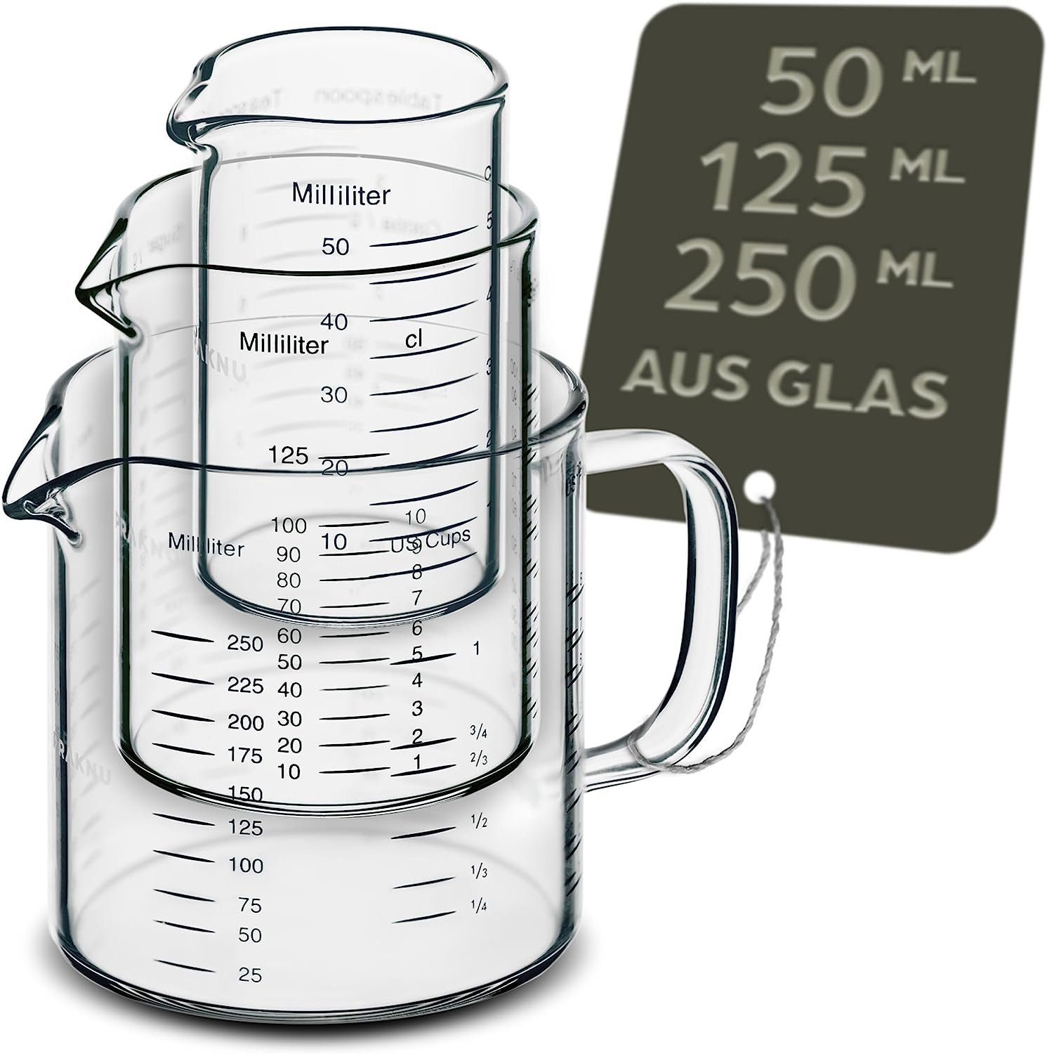 Praknu Messbecher Messbecher Set Glas 50/125/250ml, Borosilikatglas, (Set)