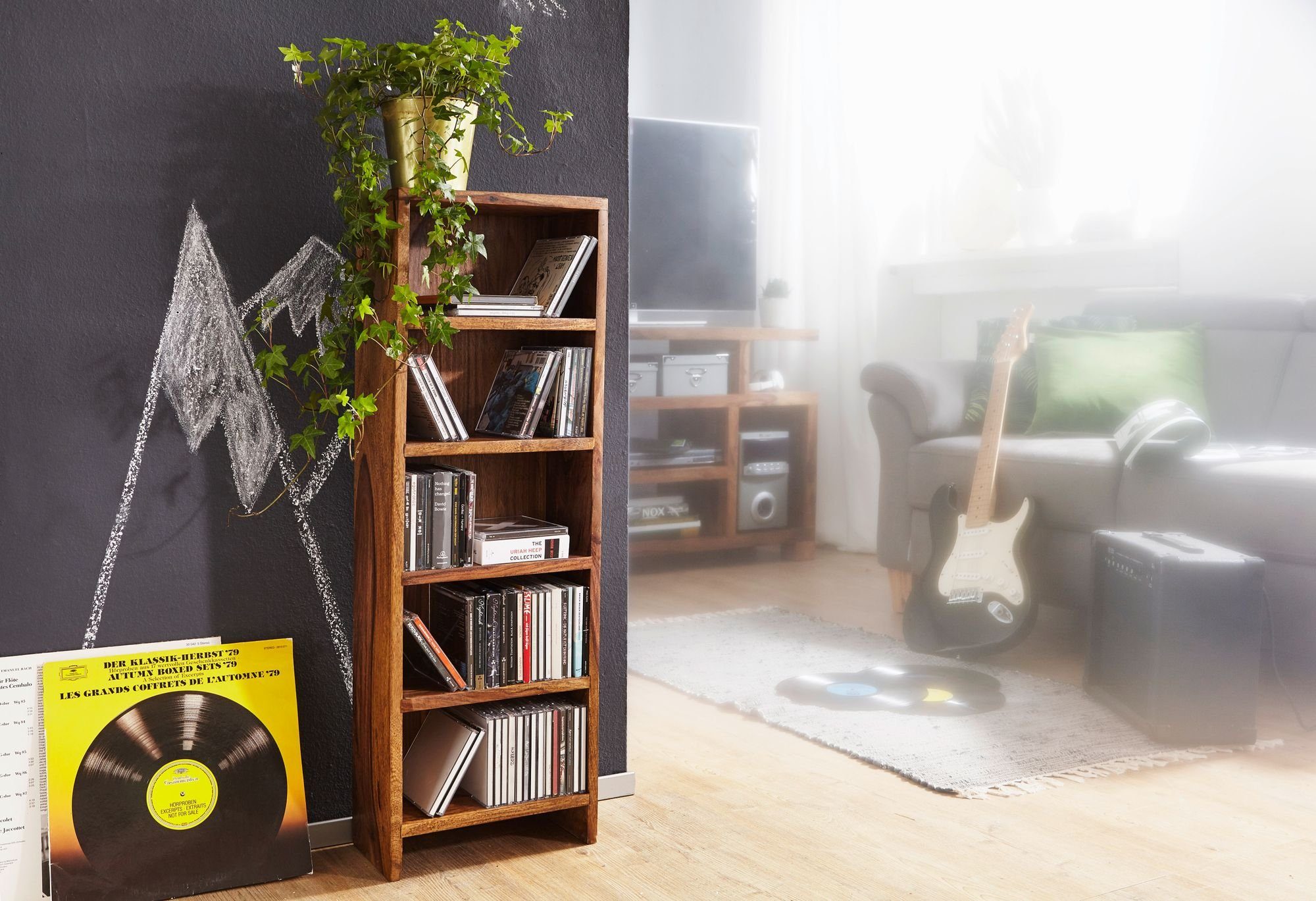FINEBUY CD-Regal SuVa3538_1, Sheesham Massivholz 90 cm, Standregal für CDs, CD-Aufbewahrung 5 Fächer, Bücherregal Landhausstil