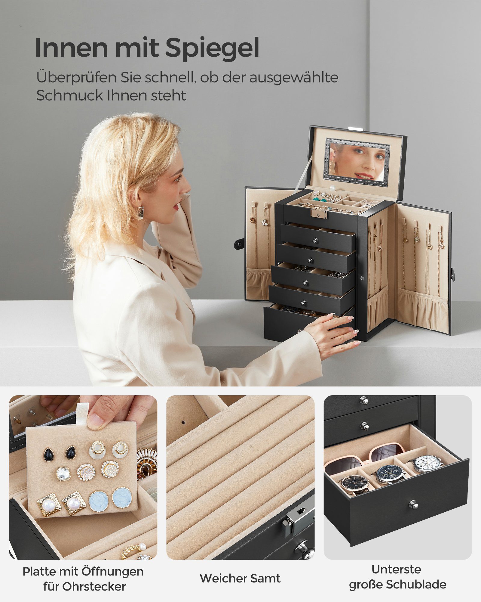SONGMICS Schmuckkasten, Schmuckschatulle mit 6 Ebenen, seitlichen Klapptüren