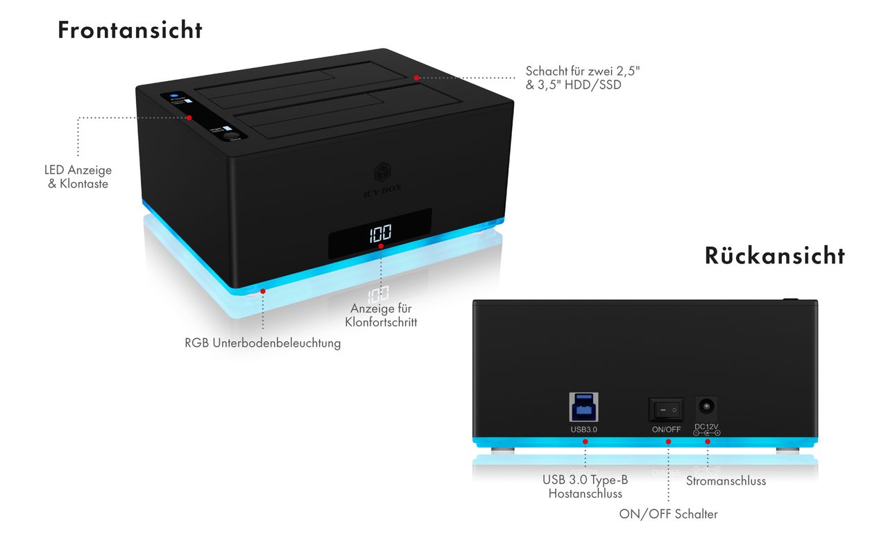 ICY BOX IB-127CL-U3, Docking & Klonstation für 2x HDD/SSD