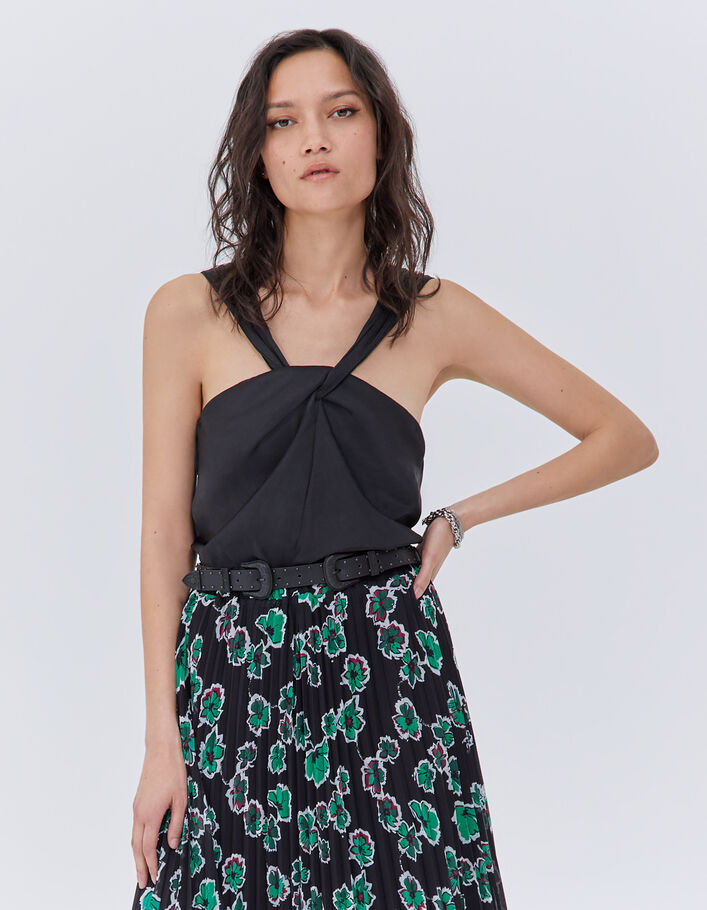 Top asymétrique noir à encolure nouée Femme