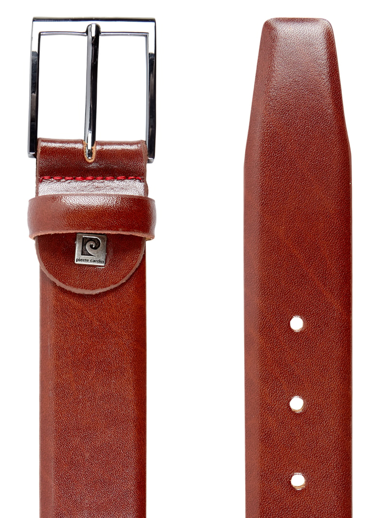 Ledergürtel mit Dornschließe in Chrom-Optik in cognac