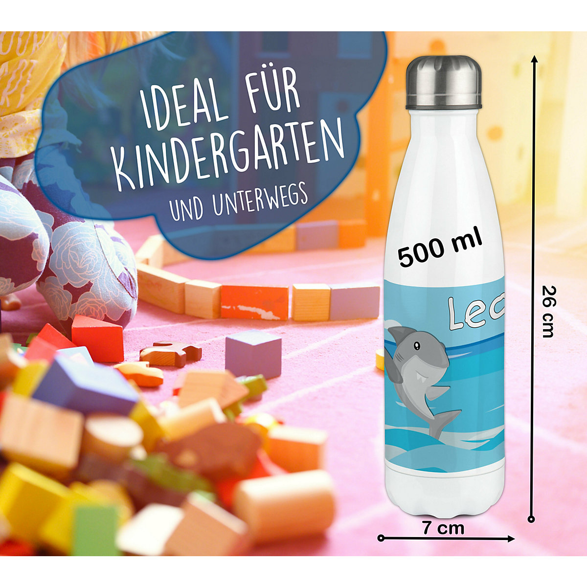 Edelstahl Kinder Thermoflasche / Trinkflasche bunt Hai Spülmaschinenfest, Auslaufsicher, Bruchfest, Doppelwandig, Für Heißgetränke geeignet, Mit Deckel, Isoliert