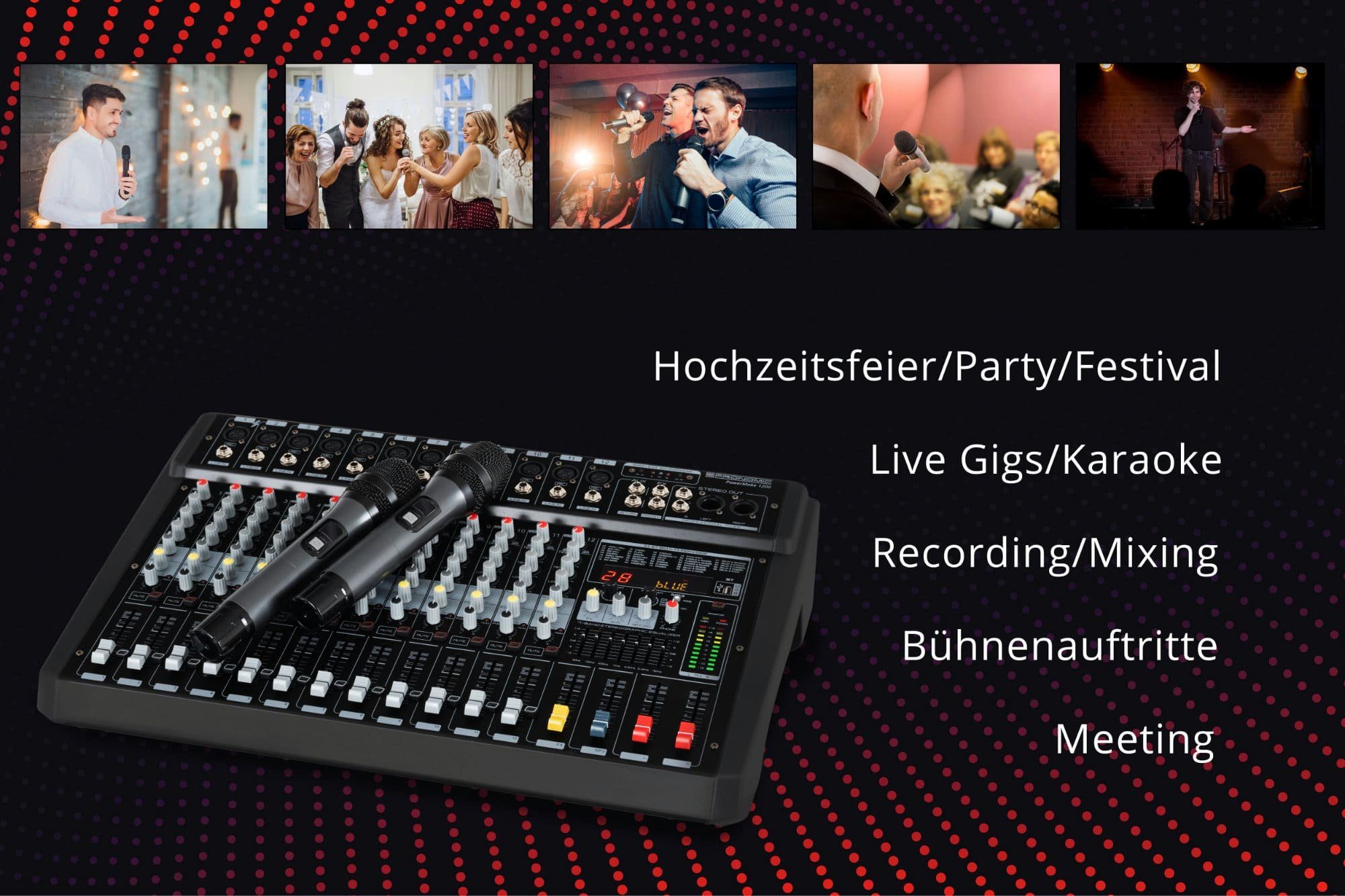 Pronomic Mischpult 12-Kanal-Powermischer 760 Watt RMS-Leistung, (inkl. 2 Funkmikrofone und im Mixer integrierter UHF-Empfänger), Bluetooth®/USB-Player/Recorder - Grafischer Equalizer