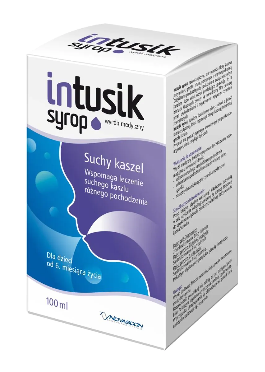 Intusik, sausas kosulio sirupas, skirtas vaikams nuo 6 mėnesių amžiaus.