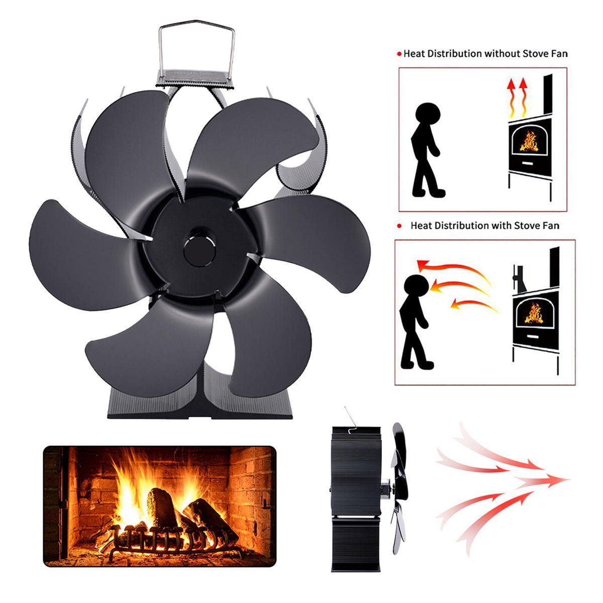 meeteu Kaminventilator Kaminventilator 6 Flügel Ofenventilator Kaminofen Ventilator, Stromloser Lüfter Fan für Holz, Brennholz, Feuerstelle, Ofenrohr