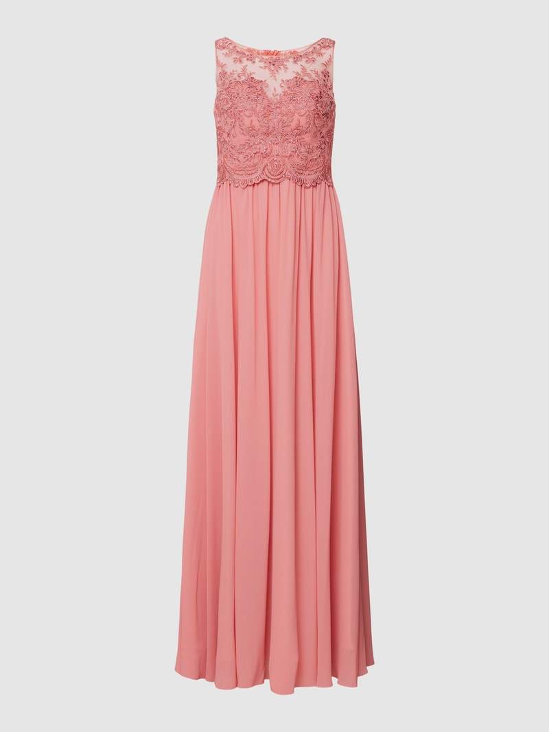 Abendkleid mit floralen Stickereien in lachs