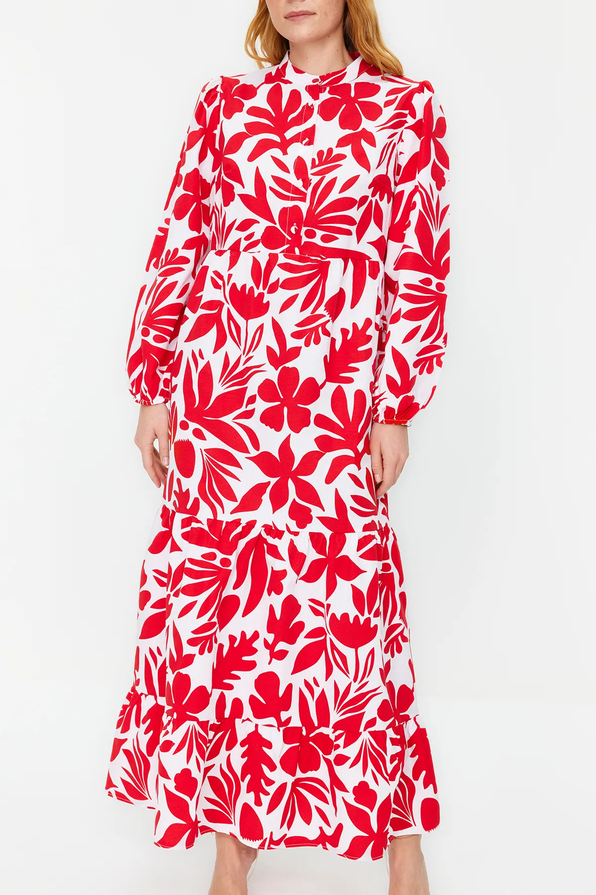 Trendyol Modest  Halbpatchwork-Kleid aus Baumwollgewebe mit Kachelmuster und weiter Passform TCTSS23EB00222
