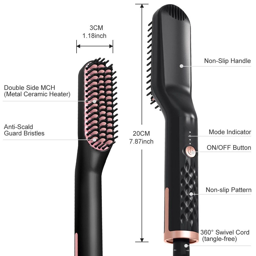 ERHWIO Bartbürste Haarglättungsbürste 3in1, Ionen-Heizung, einstellbare Temperatur, Bartbürste, Verbrühungsschutz, 30 Min. Abschaltung Männer/Frauen