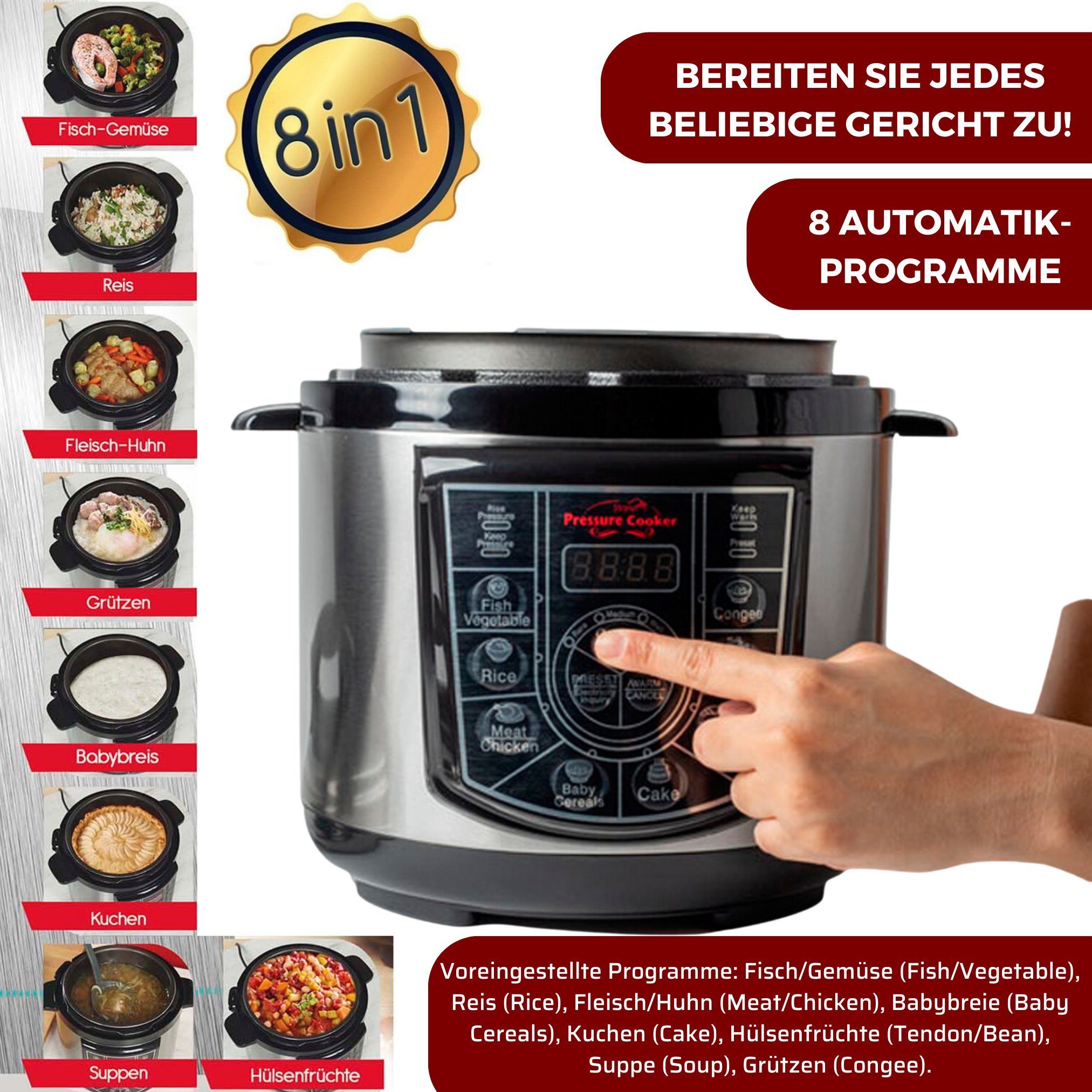Starlyf Reiskocher Pressure Cooker, 800 W, Schnellkochtopf, Multikocher, 8 Programme, Antihaftbeschichtung