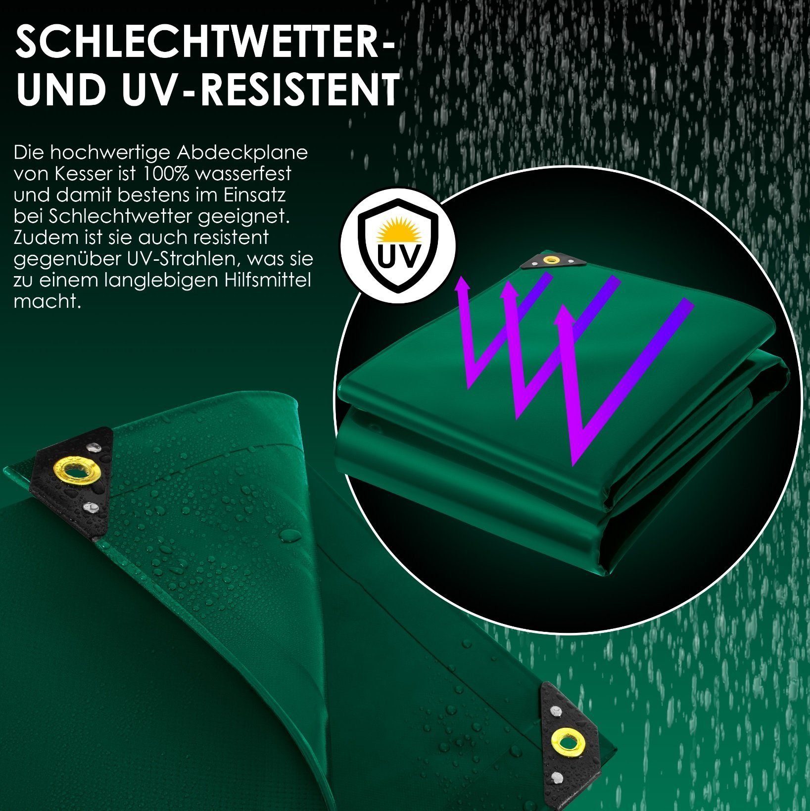 JUNG Schutzplane Abdeckplane Wasserdicht 180g/m² grün Wetterfest für Holz Roller etc (Wasserdicht, Winterfest Schutzplane, blaue Wendeseite, Gewebeplane Regenwetterplane Gartenplane Zeltunterlage Bauplane), dickes Material Anhänger Plane mit Ösen, Ca