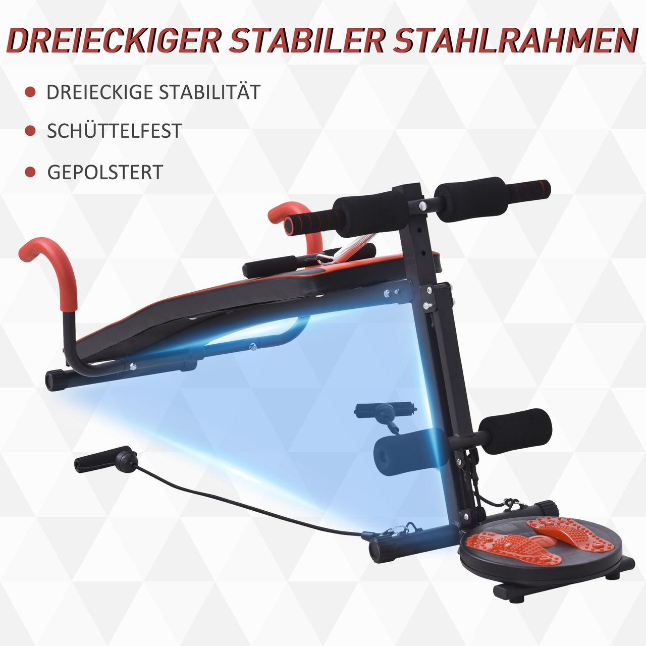 HOMCOM Sit Up Bank Bauchtrainer Trainingsbank Verstellbar Gepolstert mit Widerstand 120 kg Belastbarkeit Rot Schwarz 53x166x52–60 cm