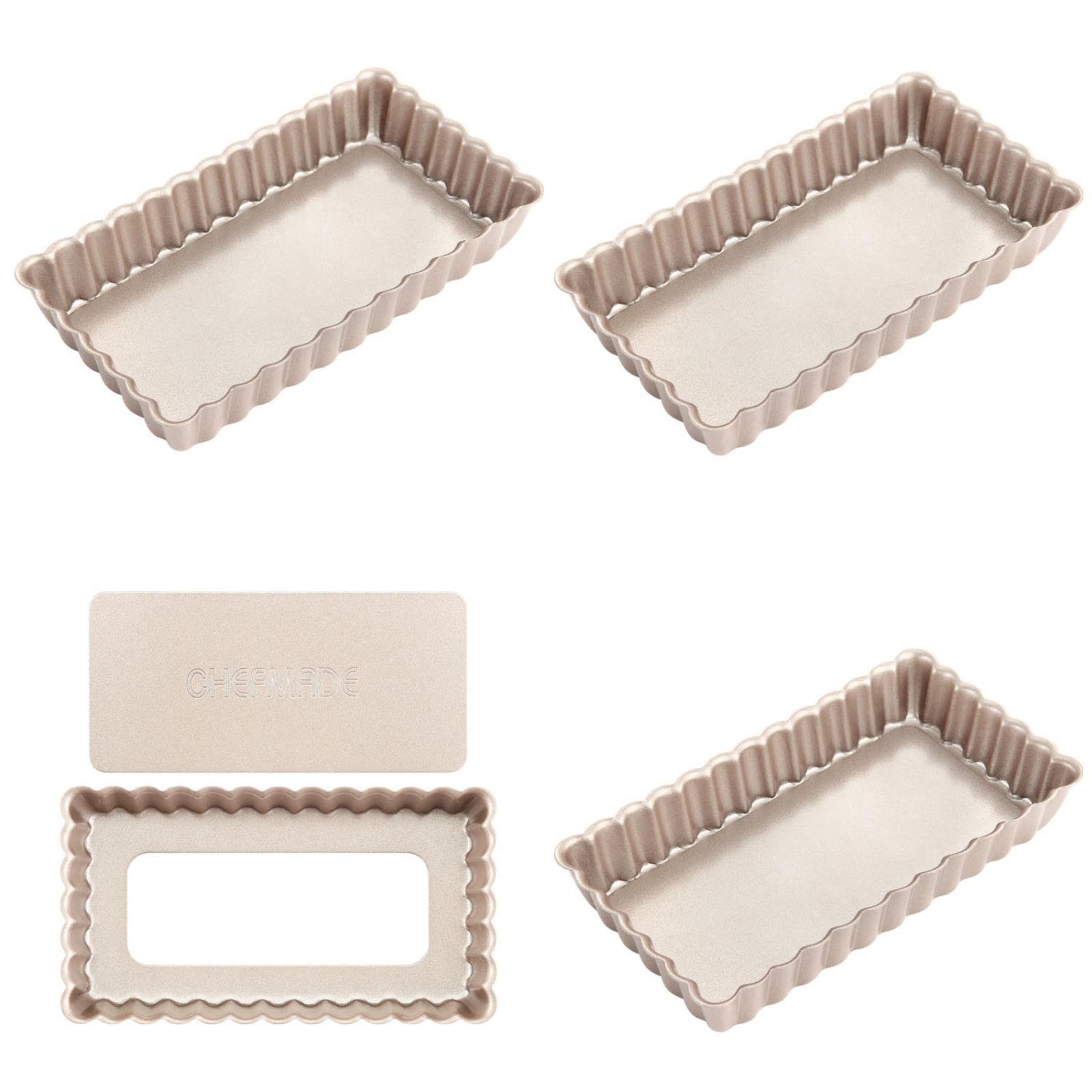 Chefmade Tarteform 4er Mini Tarteform Backform 116x20mm Quicheform, (CHEFMADE, 4er Set Mini Tarteform, 116x20mm, Champagnergold, antihaft- & silikonbeschichtet, Quicheform, Dessertkuchen, Pie Form klein, Minikuchen, Hebebodenform, Karbonstahl 4-tlg),