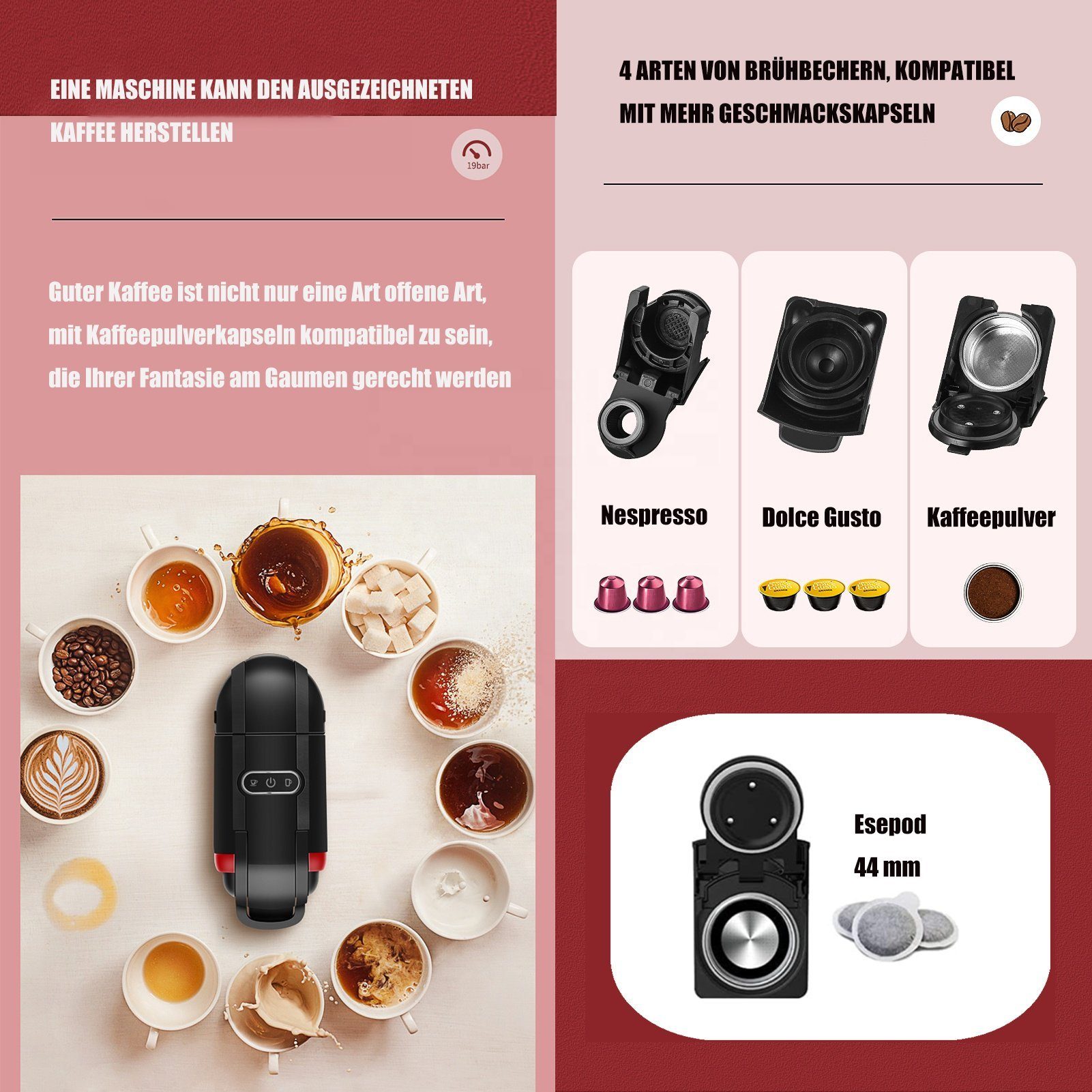 KREATE Kapselmaschine 4-in-1-Kapselkaffeemaschine mit 4 Brühbechern, Espressomaschine, 0.6l Kaffeekanne, für Nespresso Original/Dolce Gusto/Mixed Coffee und ESE-Pads, 19 bar, 1450 W 36cm * 15.5cm * 33.2cm, Geeignet für Büro, Zuhause, Männer und Fraue
