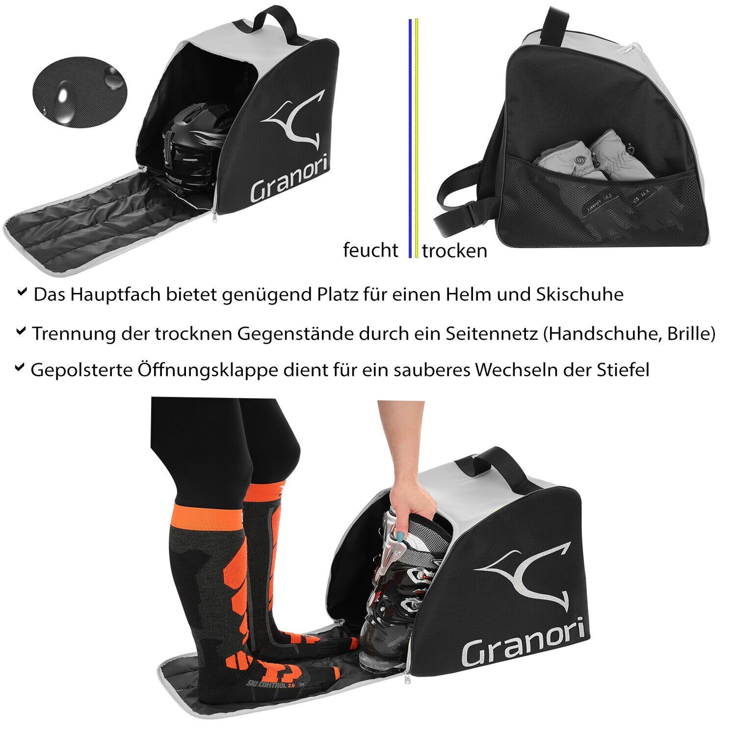 Granori Skirucksack Skischuhtasche für Skistiefel und Helm (gepolstert und abschließbar), mit Entwässerungsöffnung und Außenfach