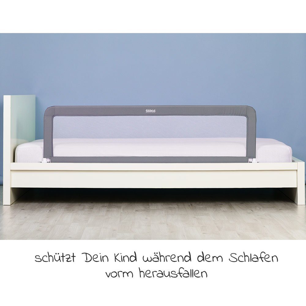 Fillikid Bettschutzgitter Bettgitter - Grau (1 St), Rausfallschutz für Baby & Kinder 150 x 50 cm - hohes, klappbares Bettgitter für Standard Betten & Boxspringbett