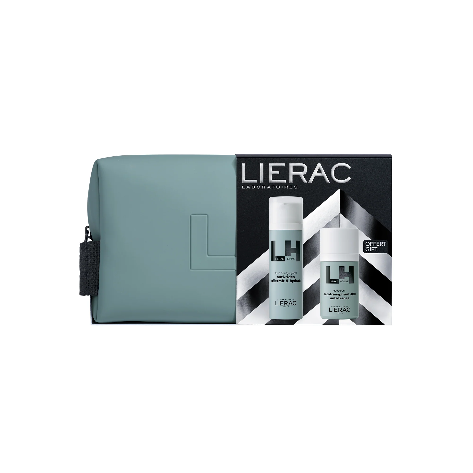 Lierac Homme Anti-Aging Fluid + Deodorant + Kosmetiktasche – Anti-Falten-Set, Anti-Falten-Gesichtsfluid