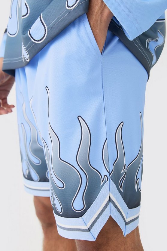 Mesh Basketball-Shorts mit Flammen-Print
