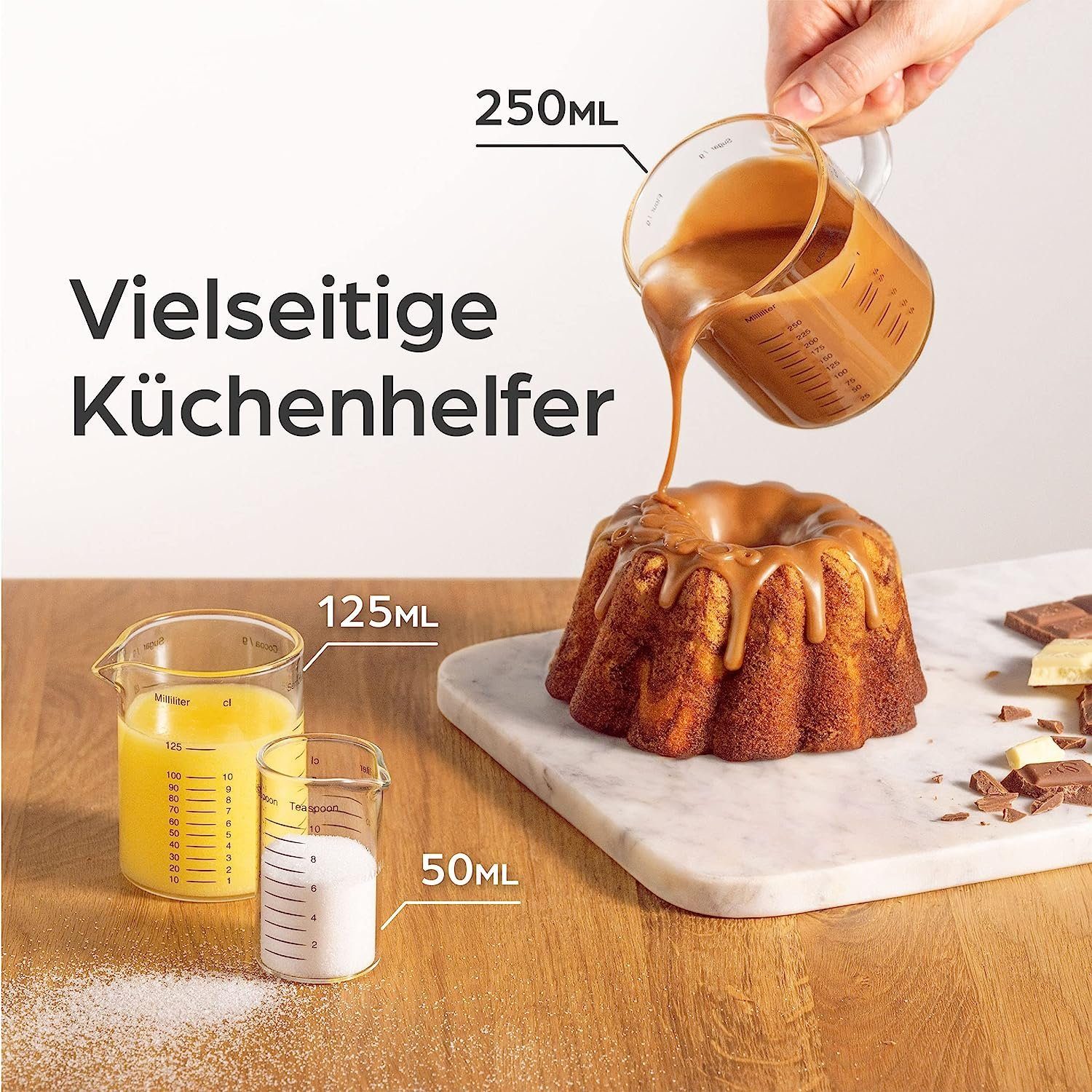 Praknu Messbecher Messbecher Set Glas 50/125/250ml, Borosilikatglas, (Set)