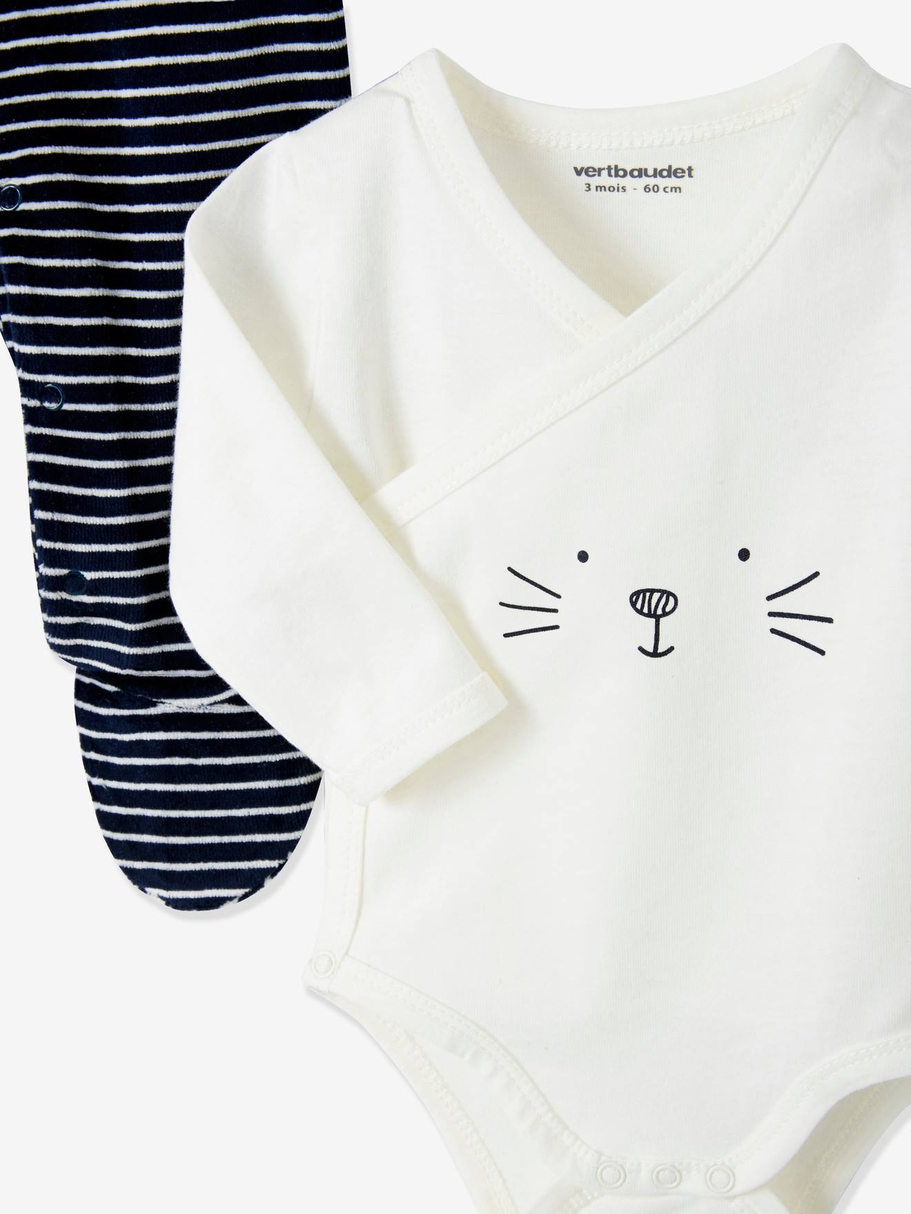 Vertbaudet 5-teiliges Baby-Set mit Beutel, Print mit Katze oder Hund Oeko Tex - wollweiß katze/nachtblau gestr