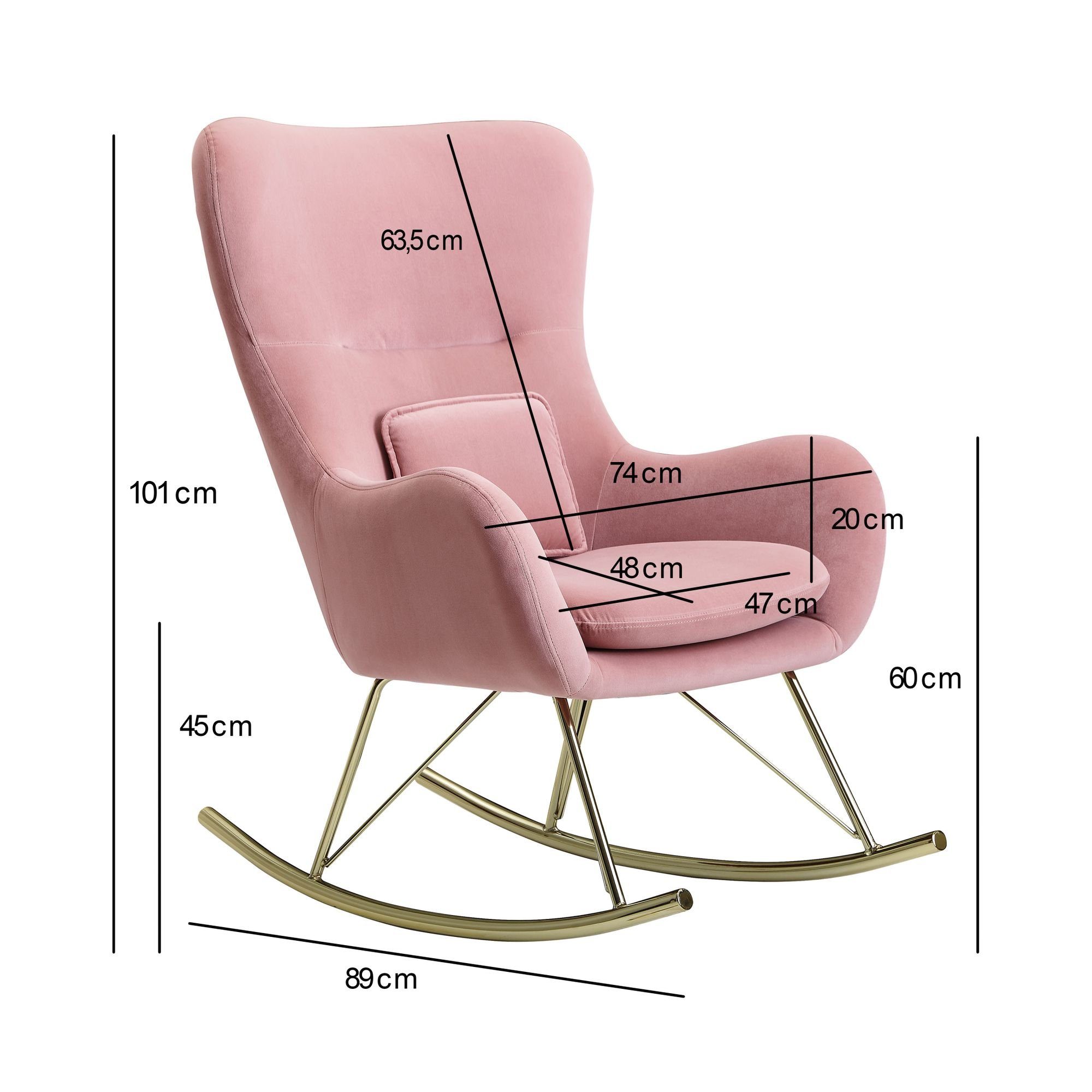 FINEBUY Schaukelstuhl FB23320 (Rosa Samt / Metall 74x101x89 cm Goldene Beine), Schaukelsessel 120 kg, Schwingstuhl Stillsessel