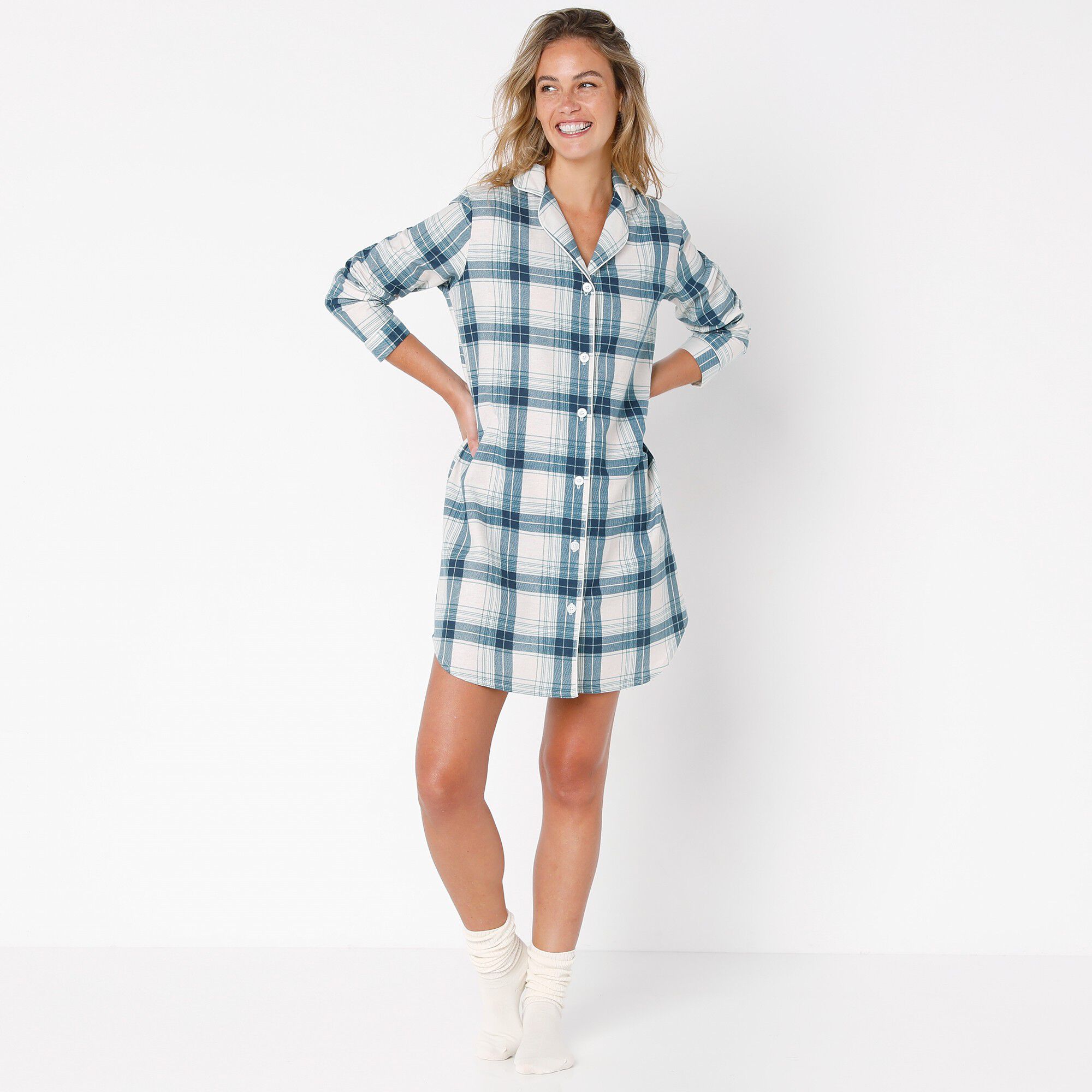 Chemise de nuit en pilou forme liquette imprimé carreaux