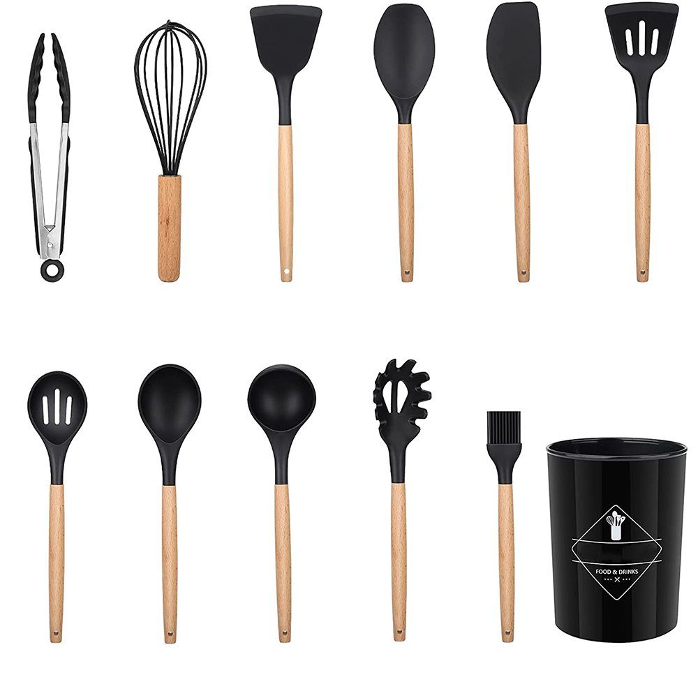Bedee Kochbesteck-Set Küchenutensilien-Set, antihaftbeschichtet, Silikon, Küchenutensilien (11 Stück Kochutensilien Kochgeschirr Mit Aufhängeschlaufe, 11-tlg., Küchenutensilien), Spachtel-Set mit Halter, Holzgriff, hitzebeständiges Silikon