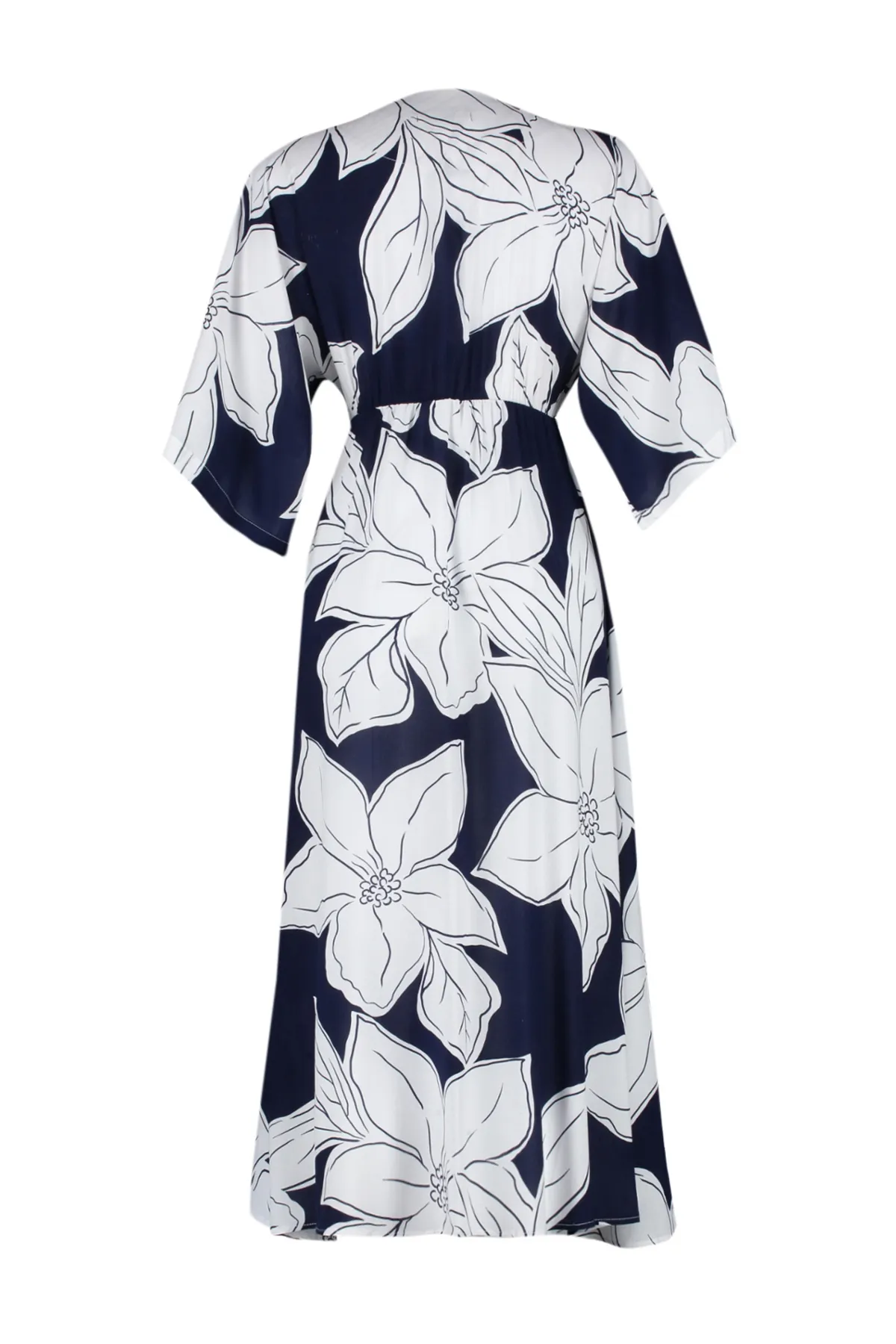 Trendyol Collection  Marineblaues A-Linien-Midikleid aus Webstoff mit Blumenmuster, Zweireiher-Kragen TWOSS24EL00913