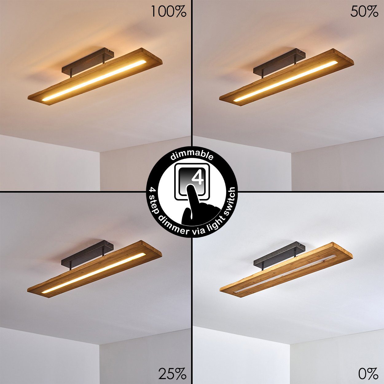 hofstein Deckenleuchte Volano dimmbare Deckenlampe aus dunklem Holz und Metall, Dunkelgrau, 3000 Kelvin, 3000 Lumen, moderne Zimmerlampe, dimmbar über den Lichtschalter