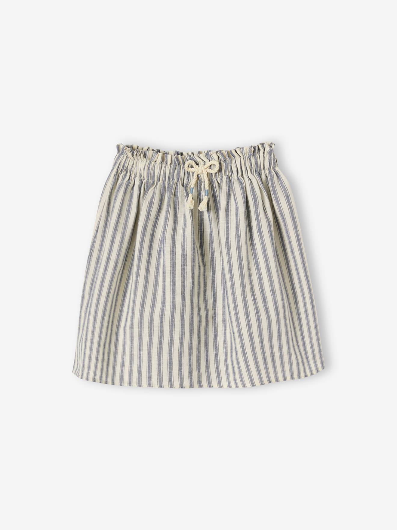 Jupe rayée fille en coton/lin bleu