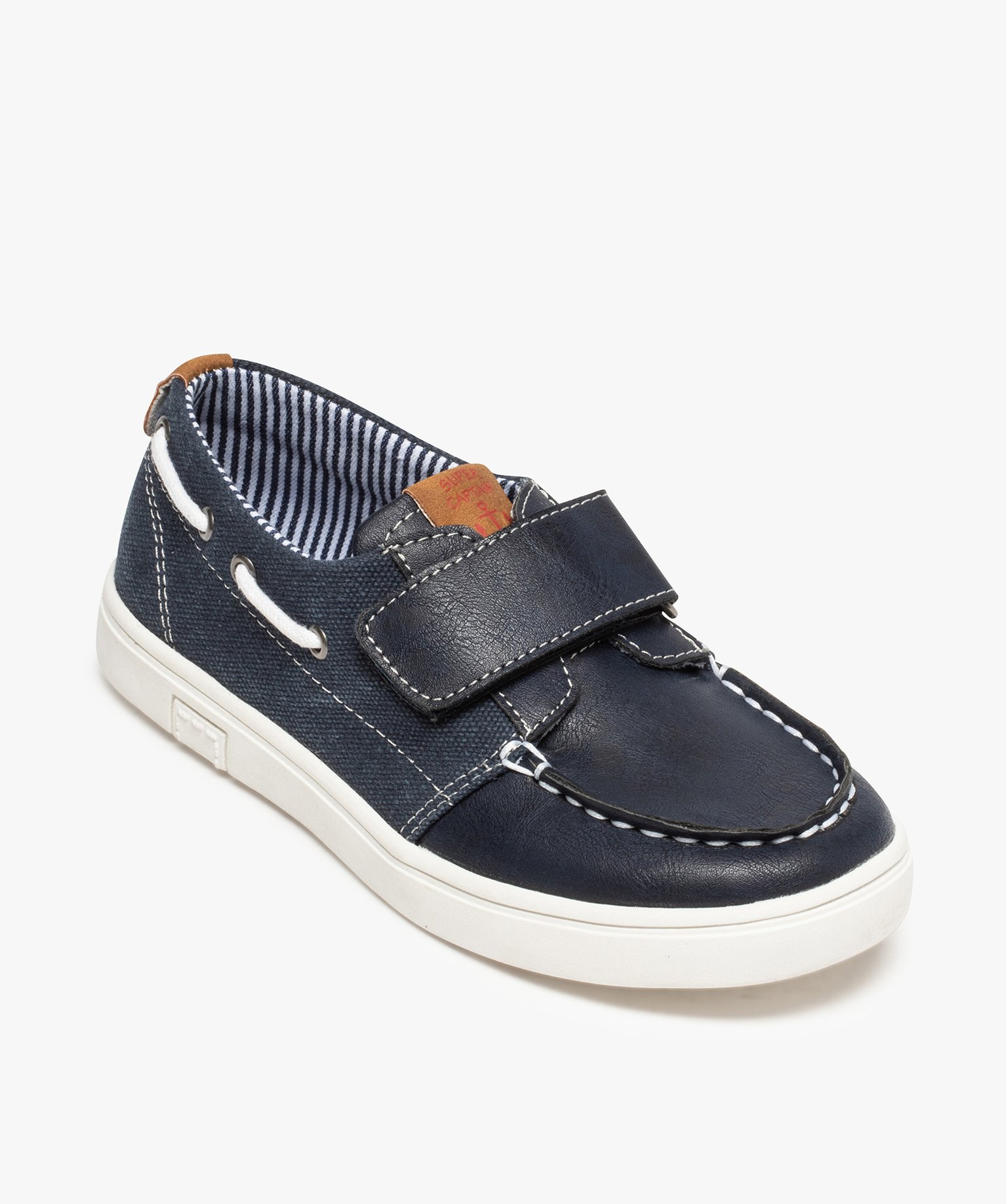 Chaussures bateau Garçon unies bi-matières à scratch marine | GEMO