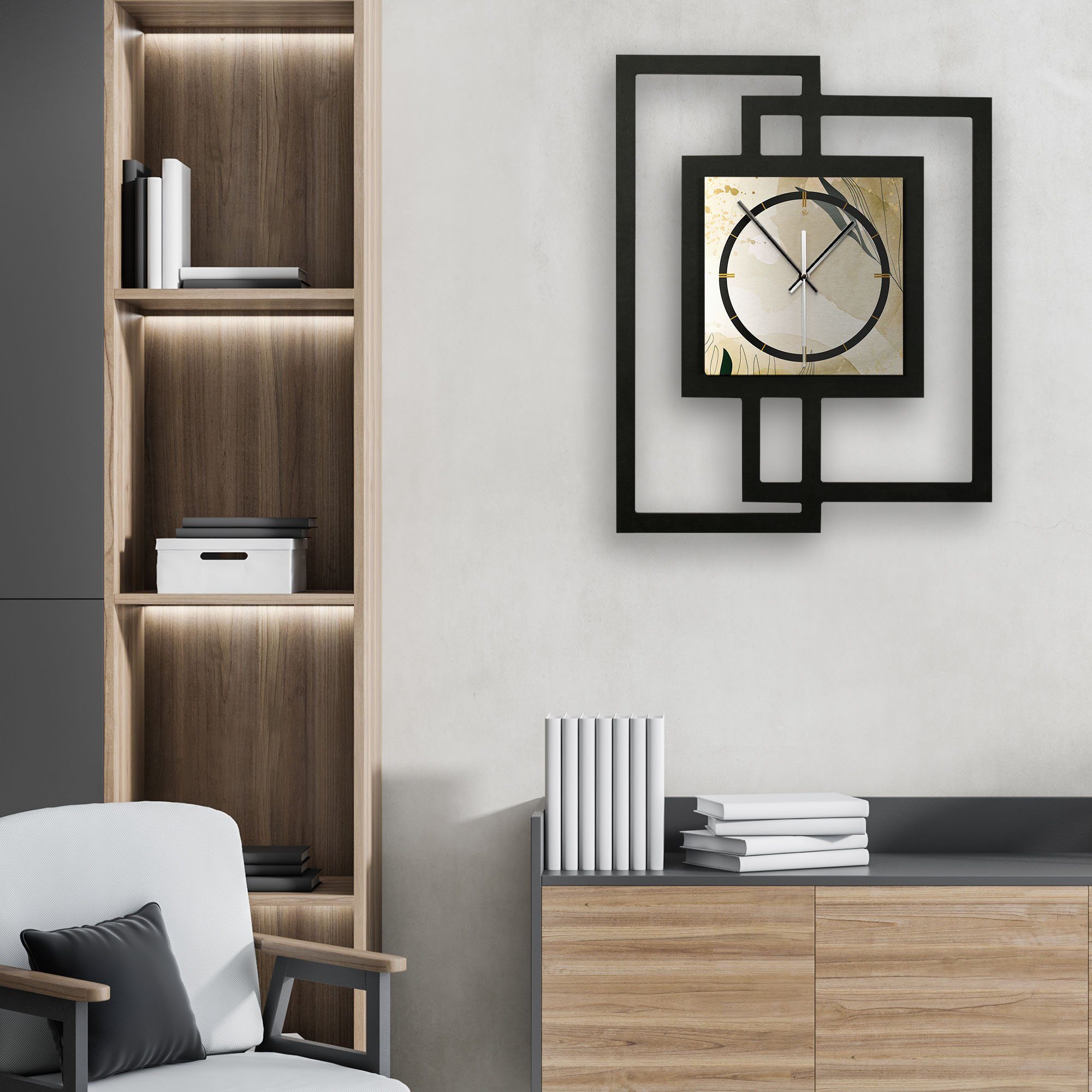 Kreative Feder Wanduhr Design-Wanduhr „Elegant Leaves“ in modernem Metallic-Look (ohne Ticken; Funk- oder Quarzuhrwerk; elegant, außergewöhnlich, modern)