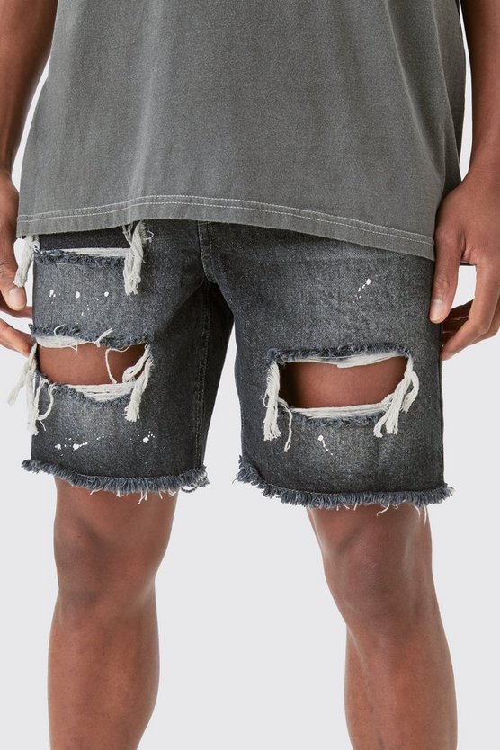 Graue Slim-Fit Jeansshorts mit Rissen und Farbspritzern