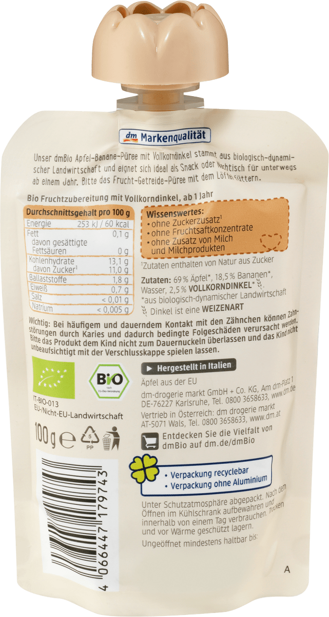 Quetschie Apfel-Banane mit Dinkel ab 1 Jahr, Demeter, 100 g