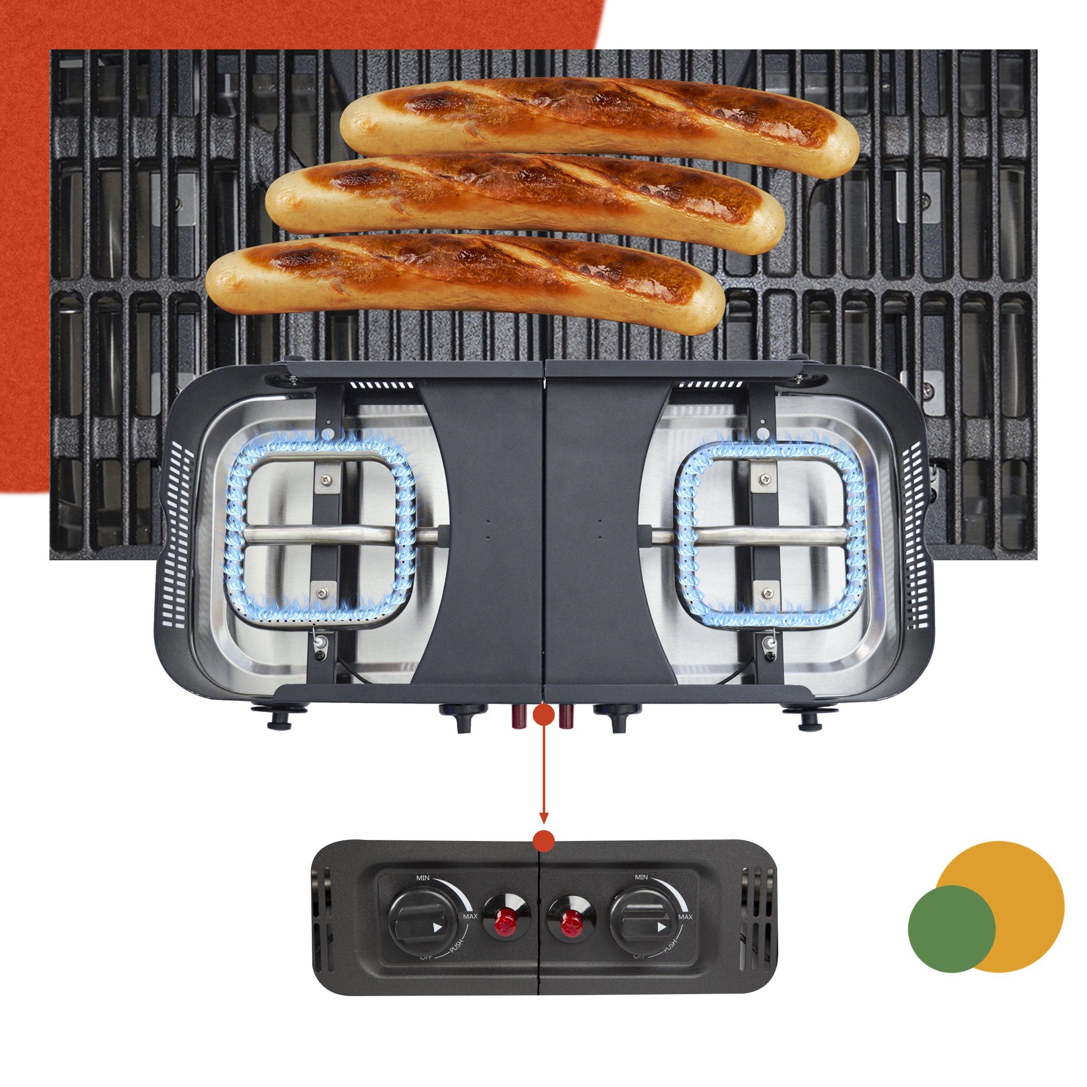 Bruzzzler Camping-Gasgrill Gasgrill zum Klappen, 2-flammiger Gasgrill mit 3,3 kW,zusammenklappbar, Pack, inklusive Tragetasche,für Picknick,Balkon und mehr